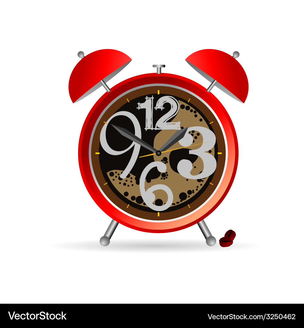 Red clock with coffee in background Vector Image