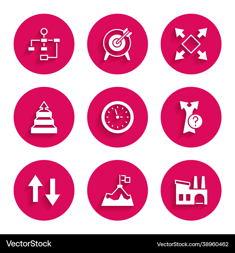 Set clock mountains with flag factory arrow Vector Image