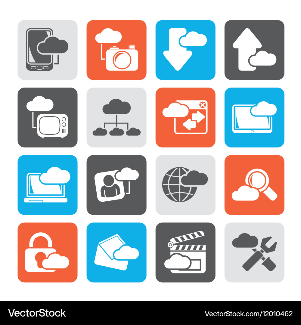Silhouette cloud services and objects icons vector image