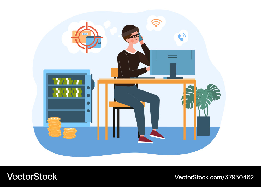 Swindler work at computer stealing personal data Swindler work at computer stealing personal data vector image
