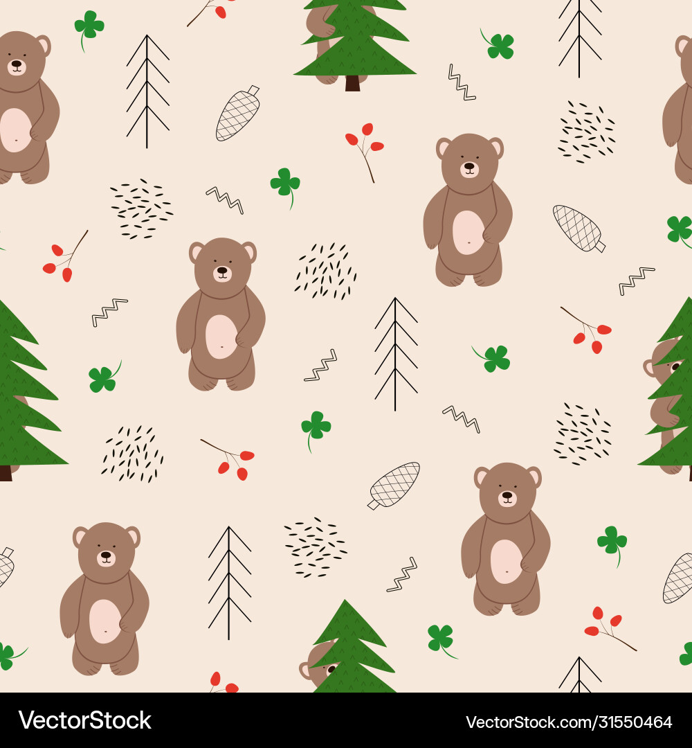 Seamless pattern with bears in forest Vector Image