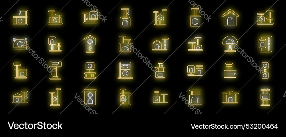 Set of cat trees and scratching posts glowing neon Set of cat trees and scratching posts glowing neon vector image