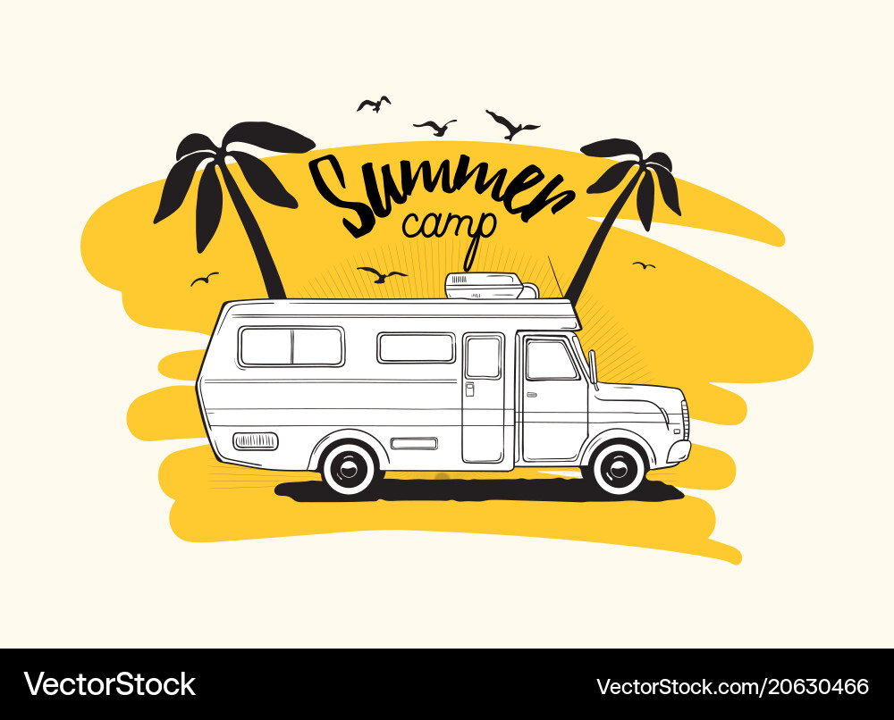 Camper trailer or campervan driving against exotic Camper trailer or campervan driving against exotic vector image