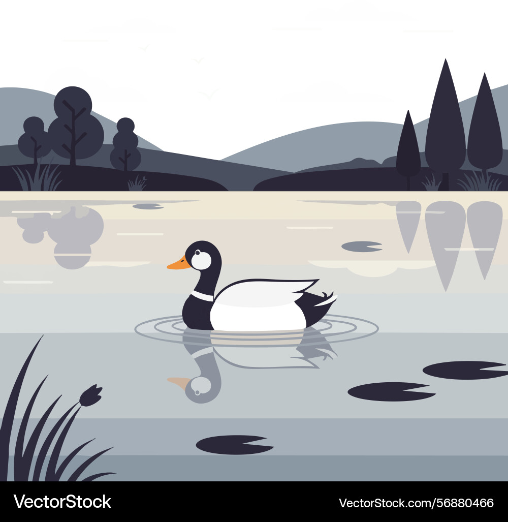 Duck floating on calm lake with trees and hills Vector Image