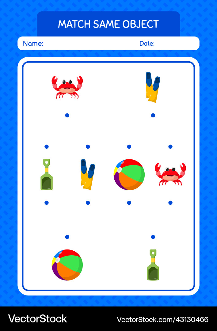 Match with same object game summer icon worksheet Match with same object game summer icon worksheet Vector Image