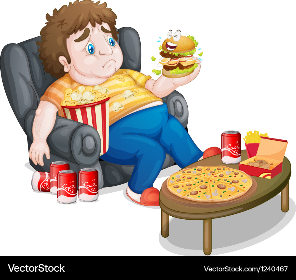 A fat boy eating vector image