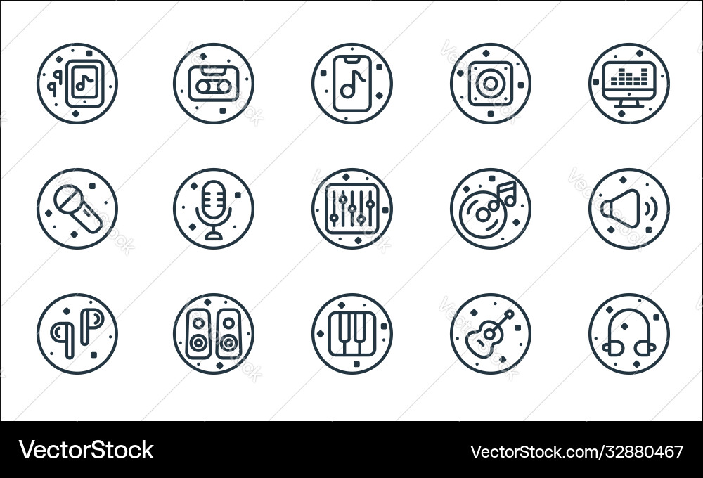 Music and sound line icons linear set quality Music and sound line icons linear set quality Vector Image