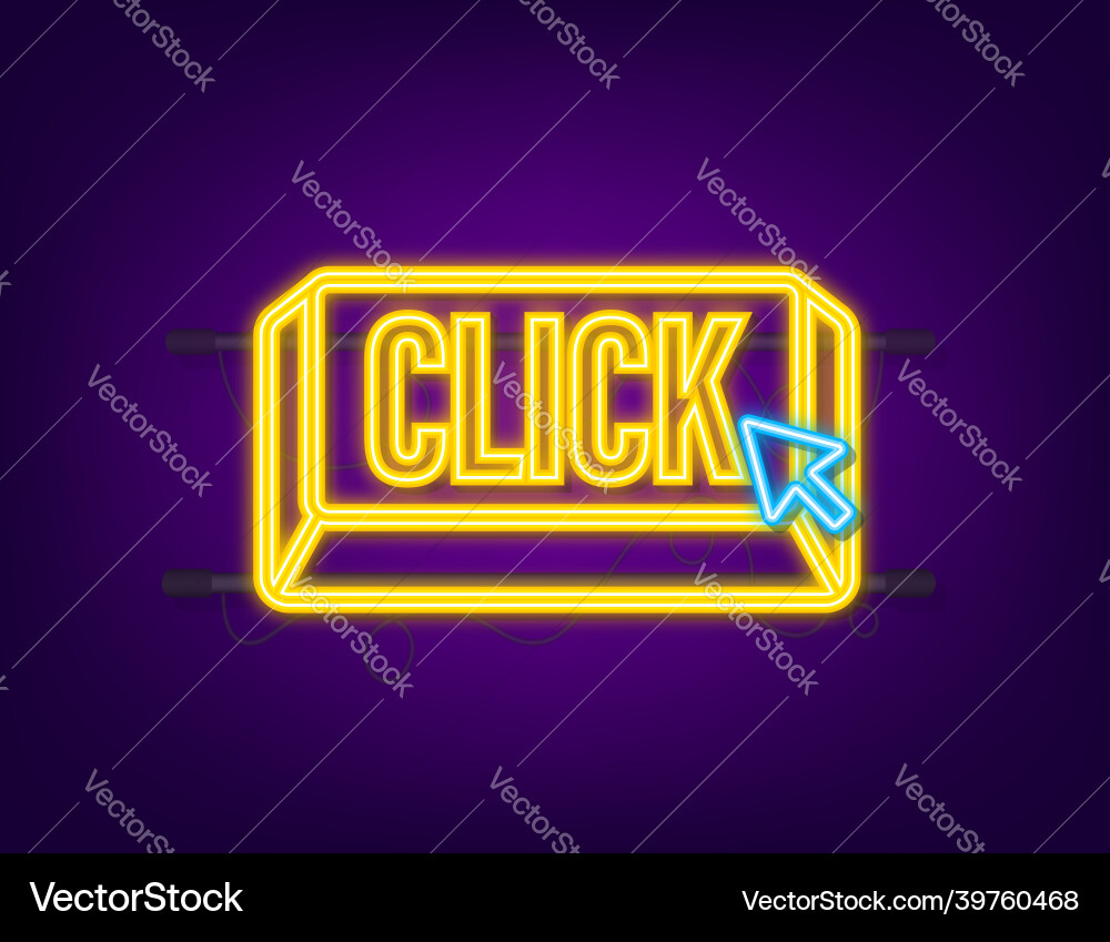 Klicken Sie auf Knopf mit Zeiger auf Neon-Symbol Klicken Sie auf Knopf mit Zeiger auf Neon-Symbol vektorbild