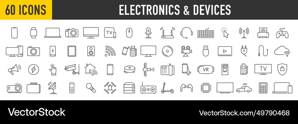 Set of 60 device and technology web icons in line Set of 60 device and technology web icons in line vector image