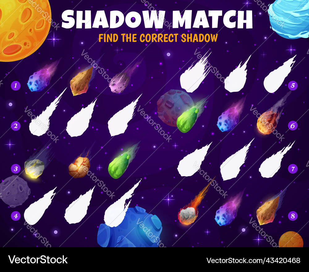 Shadow match game with space comets asteroids Shadow match game with space comets asteroids vector image