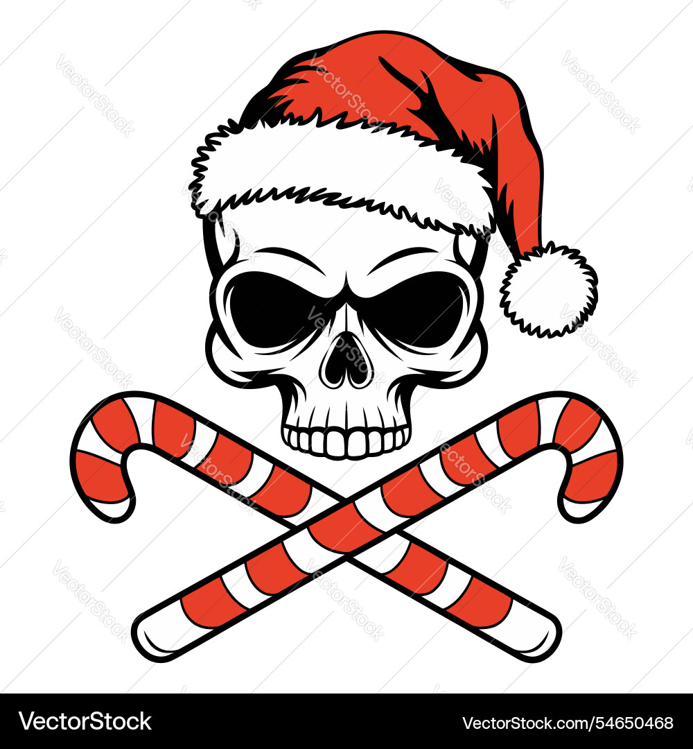 Skull with Santa Hat & Crossed Candy Canes Vector Image