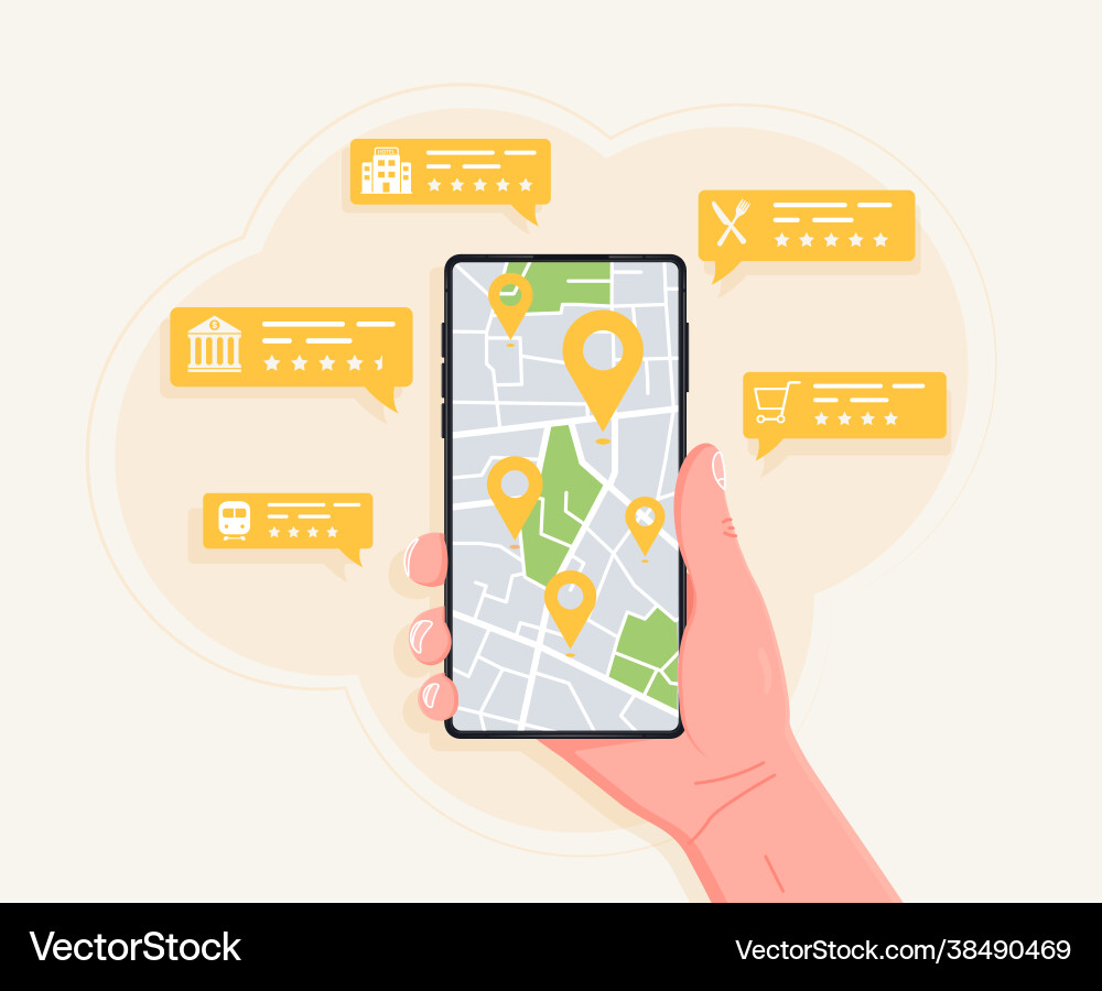 Handheld mobile phone with navigation location Handheld mobile phone with navigation location Vector Image