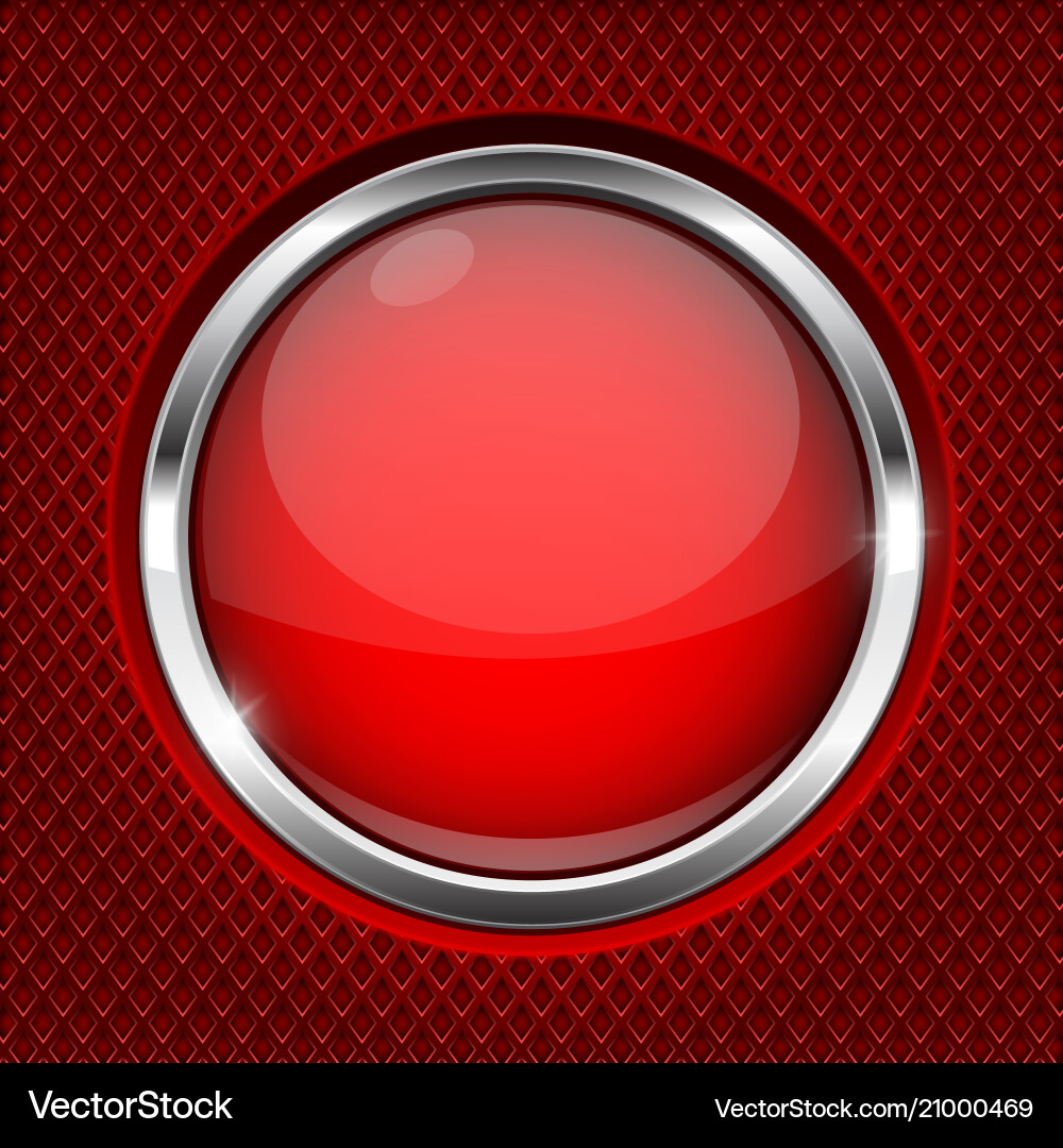 Red button with chrome frame round glass shiny 3d vector image