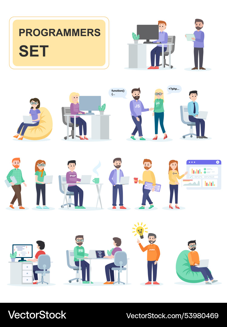 Set of programmers developing custom programs Vector Image