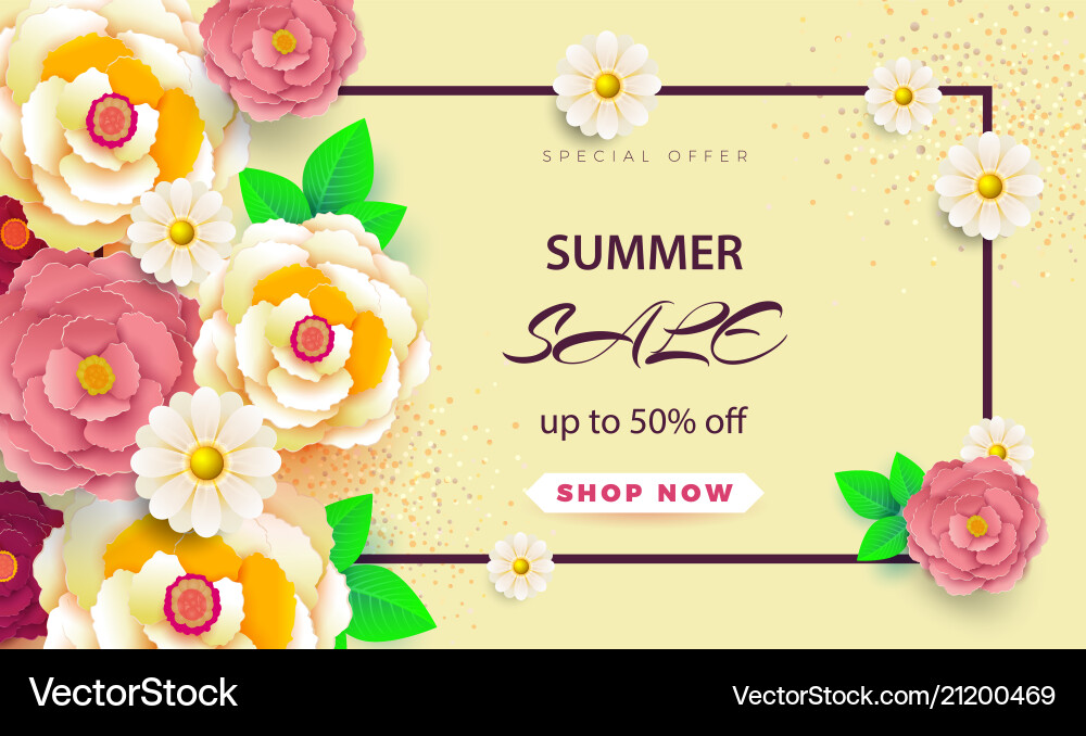 Summer sale banner with paper flowers on a light Summer sale banner with paper flowers on a light vector image