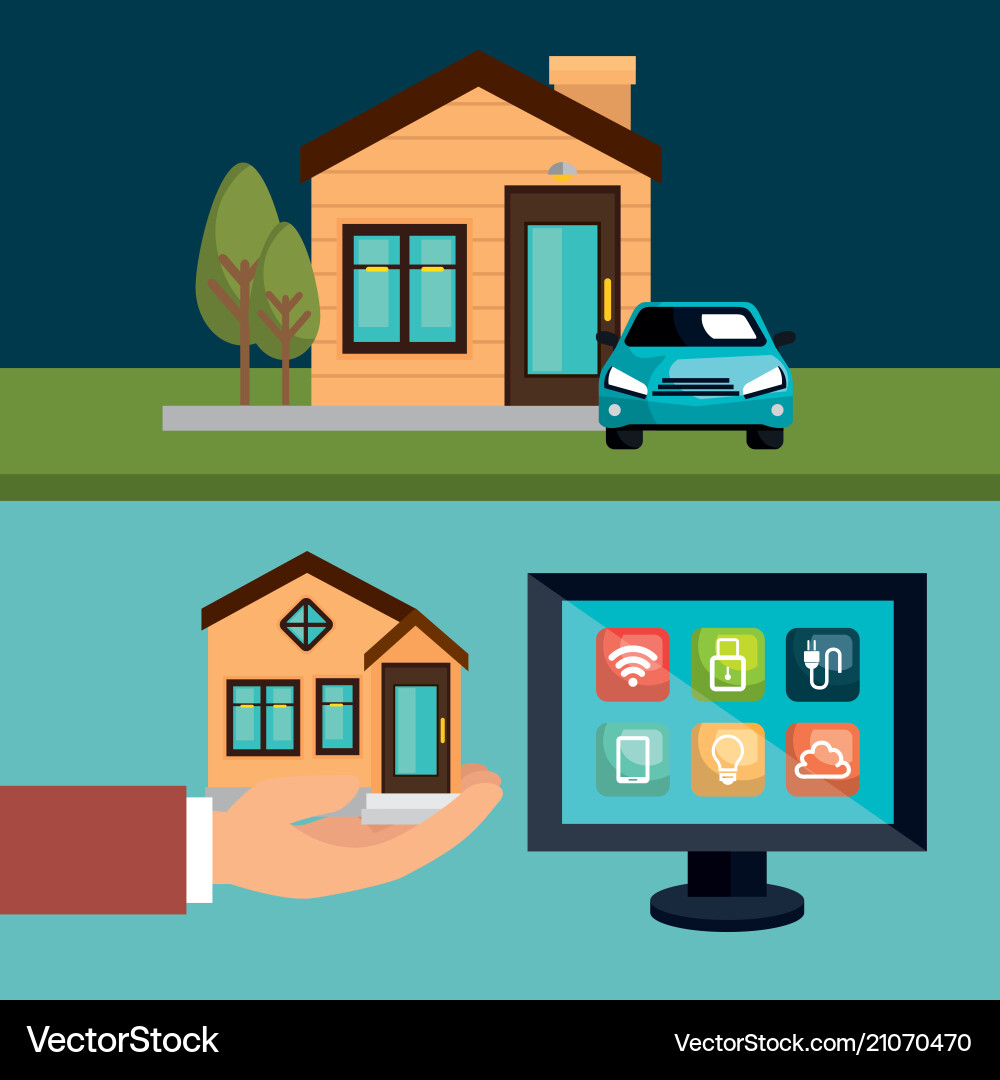 Desktop computer controlling smart home Desktop computer controlling smart home vector image