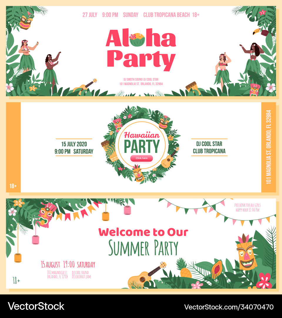 Invitation flyers set for aloha hawaiian party Invitation flyers set for aloha hawaiian party vector image