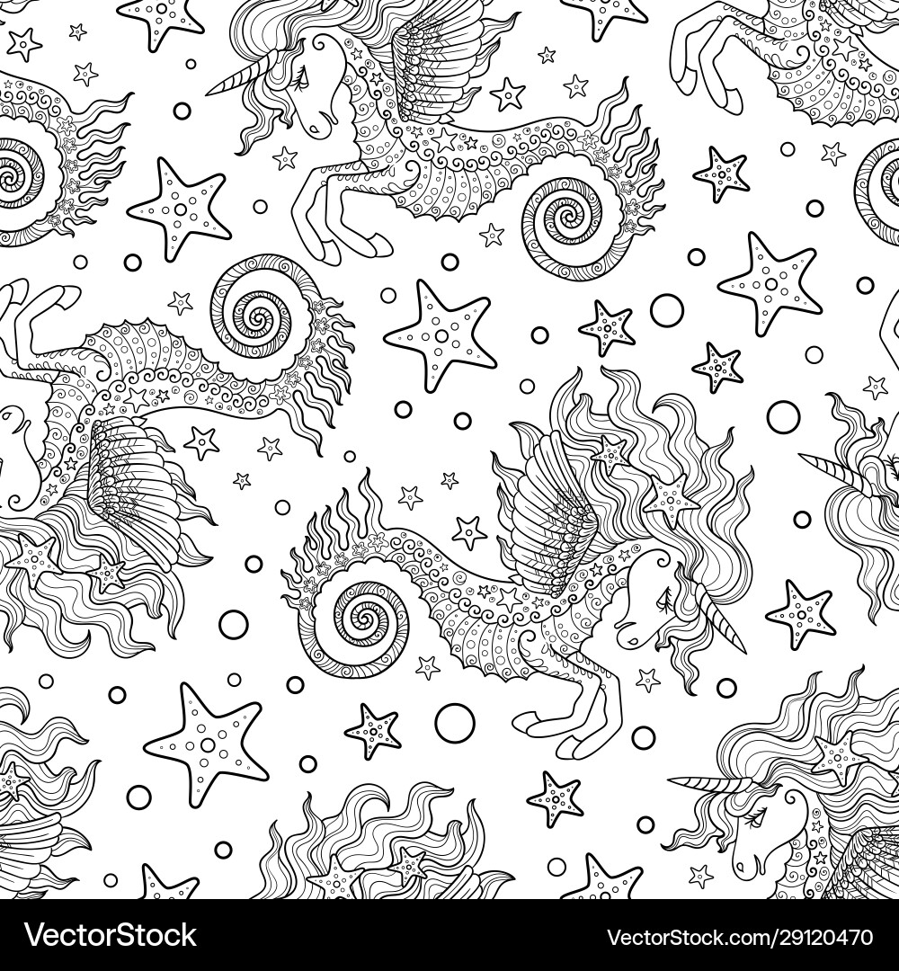 Seamless pattern with sea unicorn black and white Seamless pattern with sea unicorn black and white vector image