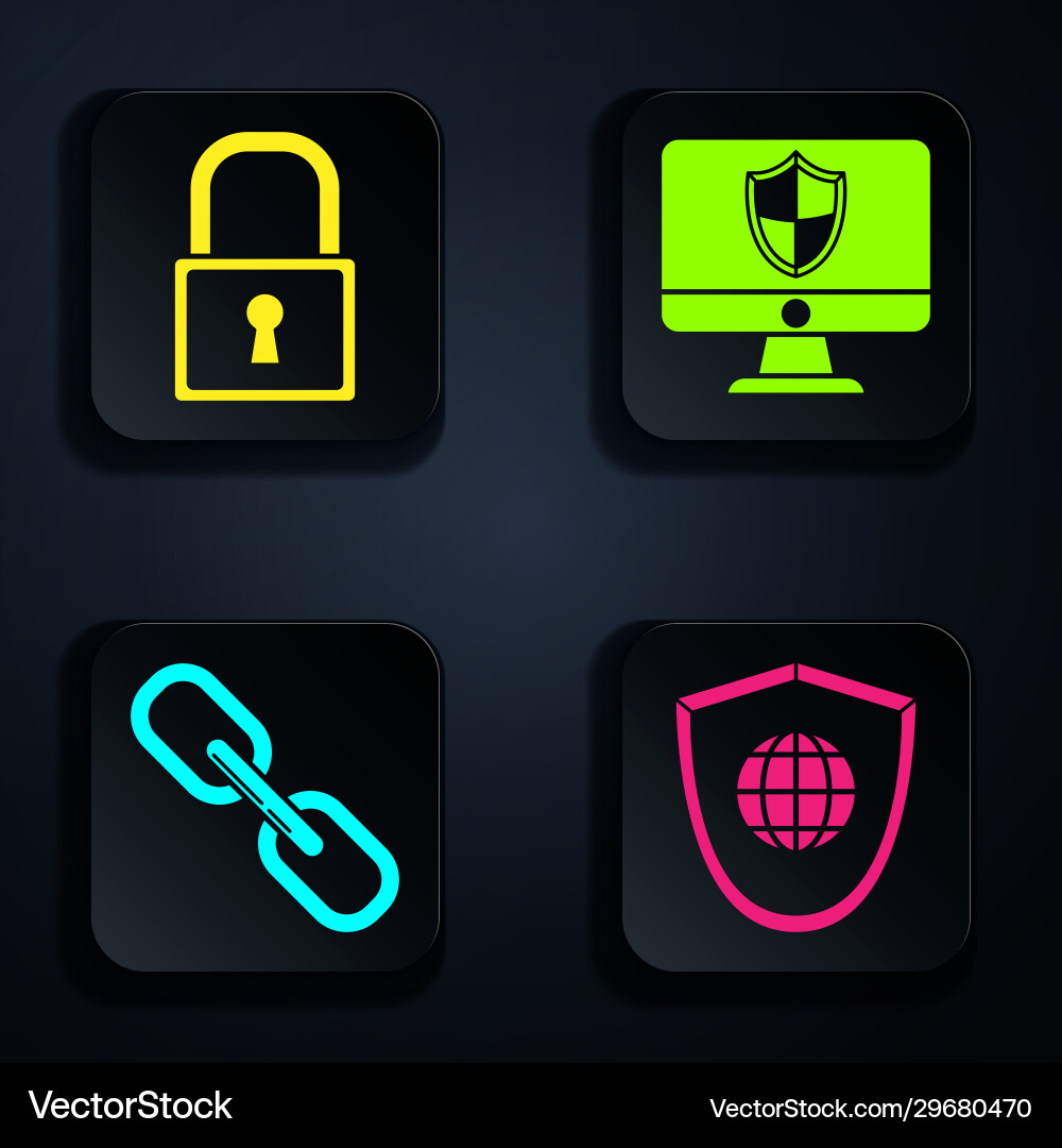 Set shield with world globe lock chain link Set shield with world globe lock chain link vector image