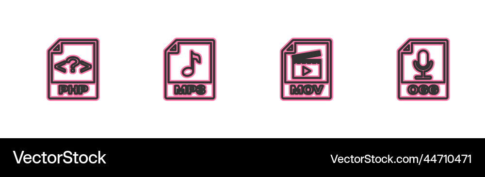 Set line php file document mov mp3 and ogg icon Set line php file document mov mp3 and ogg icon vector image