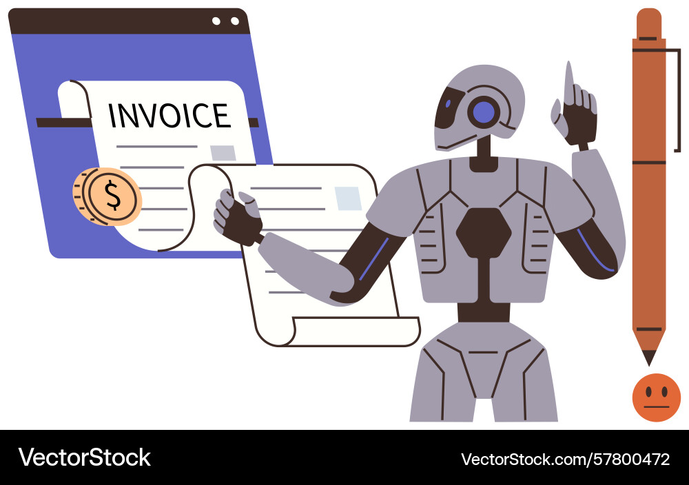Ai robot managing digital invoices with scroll Ai robot managing digital invoices with scroll vector image