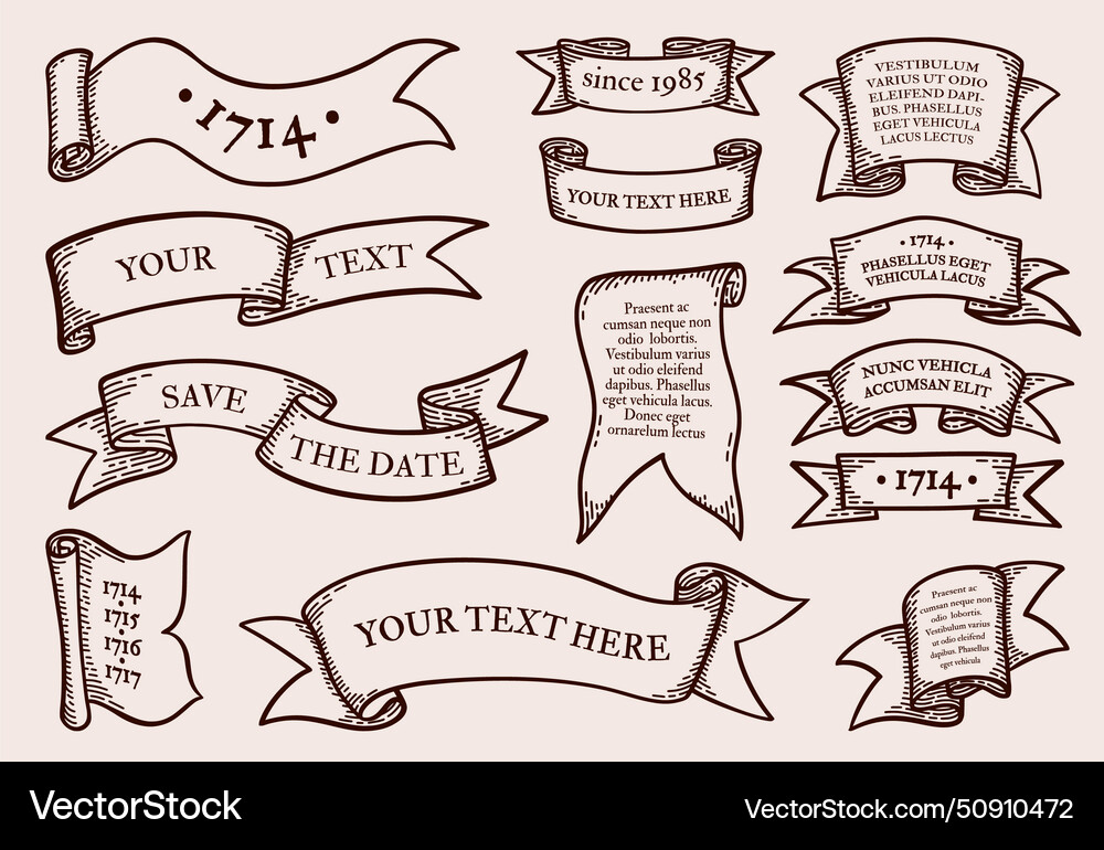Ribbon banners retro hand drawn label old line Ribbon banners retro hand drawn label old line vector image