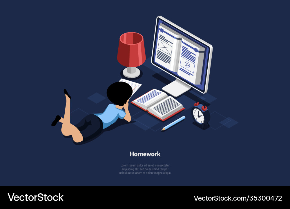 Student doing homework behind computer monitor Student doing homework behind computer monitor vector image