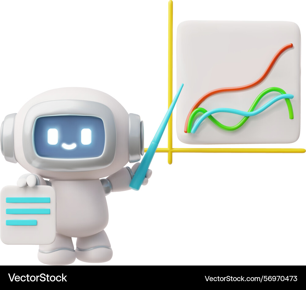 Chatbot Roboter mit Zeiger-Stick zeigt Diagramm Chatbot Roboter mit Zeiger-Stick zeigt Diagramm vektorbild