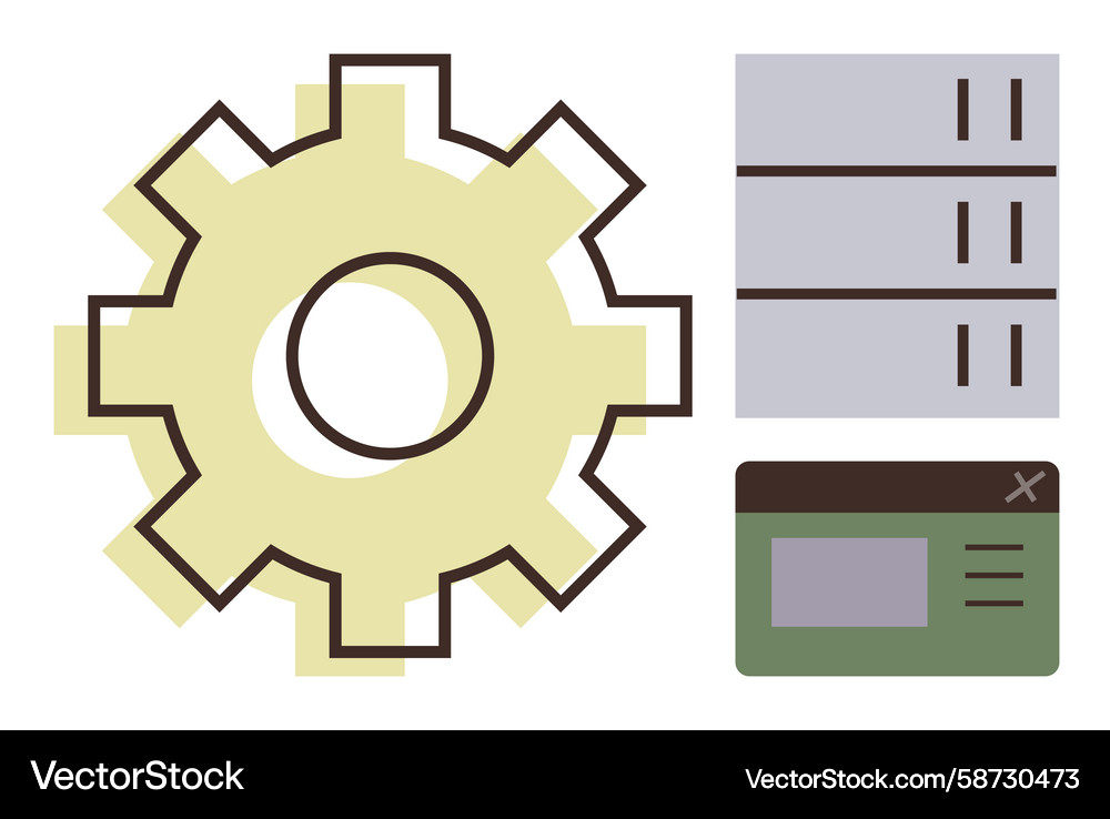 Gear with server stacks and interface window Gear with server stacks and interface window Vector Image