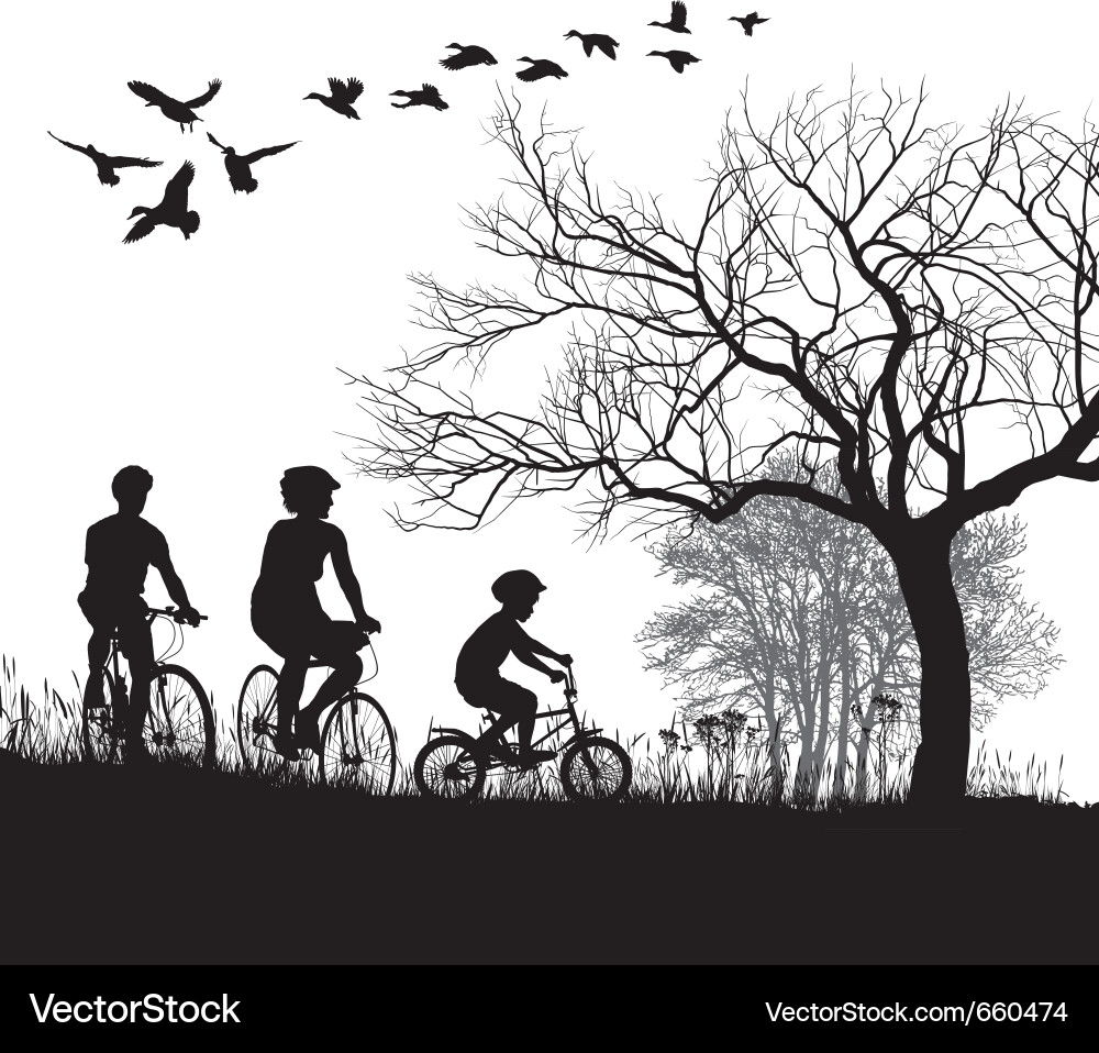 Cycling Family in Open Fields Vector Image