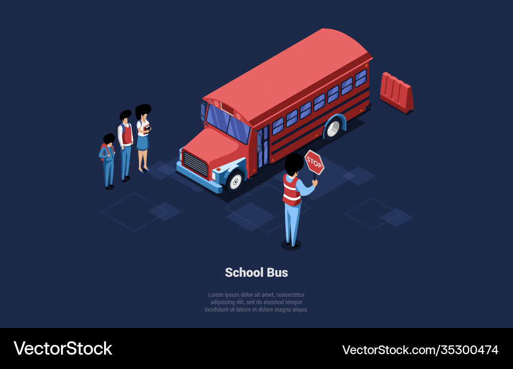Red school bus on dark background with writings Vector Image
