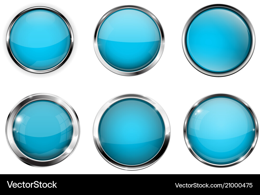 Blue buttons with chrome frame round glass shiny vector image