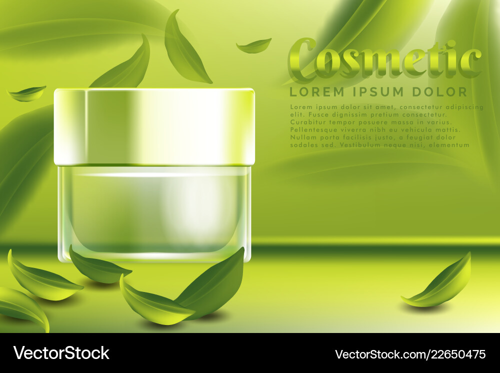 Cream jar cosmetic products ad with green tea Cream jar cosmetic products ad with green tea Vector Image