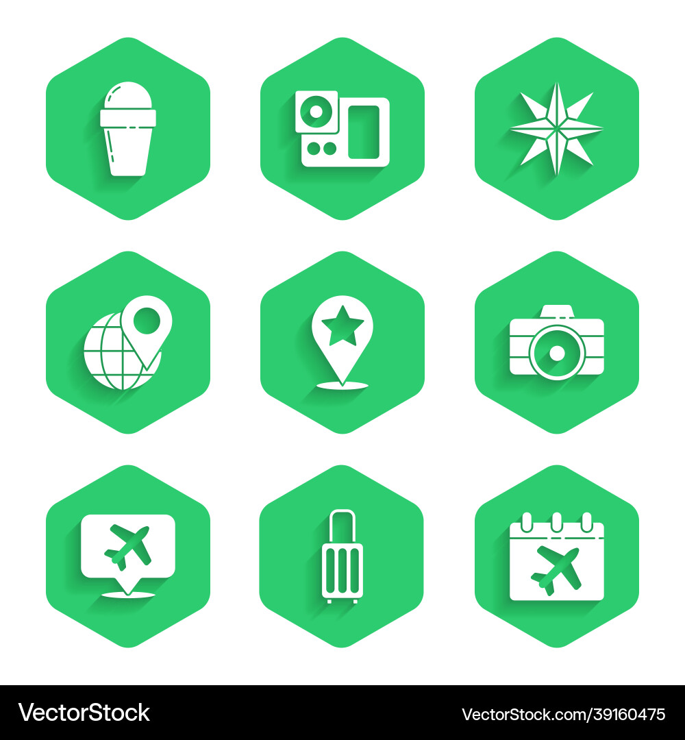 Set map pointer with star suitcase calendar Vector Image