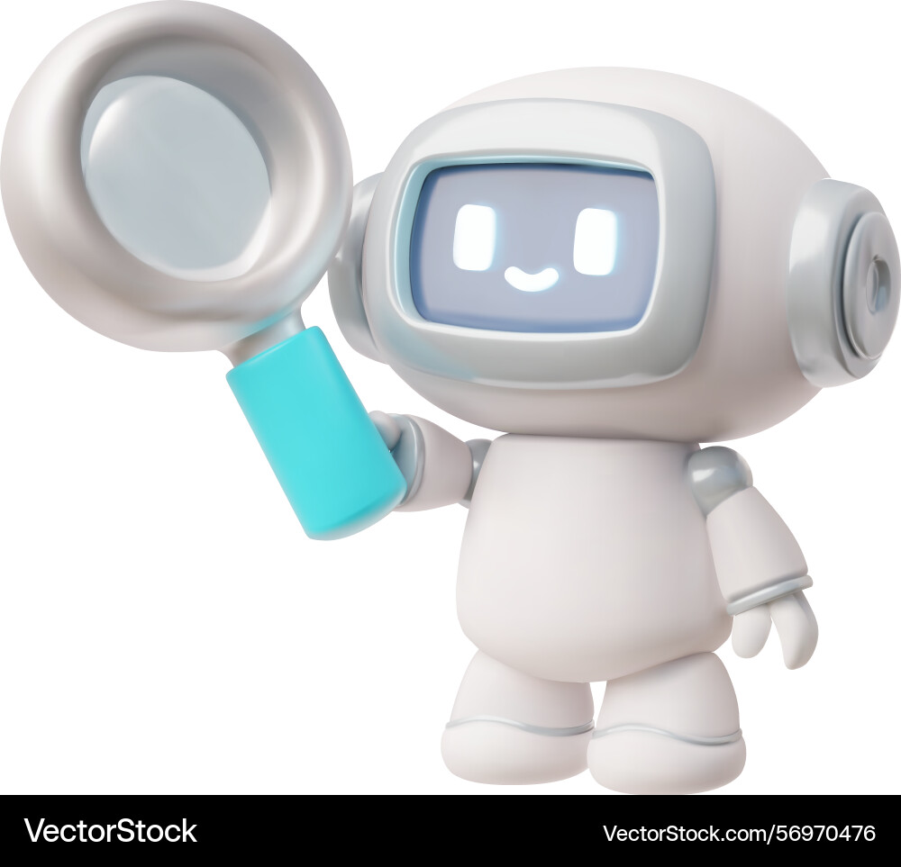 Chatbot robot with magnifying glass realistic 3d Chatbot robot with magnifying glass realistic 3d Vector Image