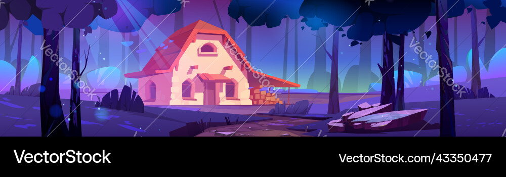 Cottage in night forest stone house 2d background Cottage in night forest stone house 2d background vector image