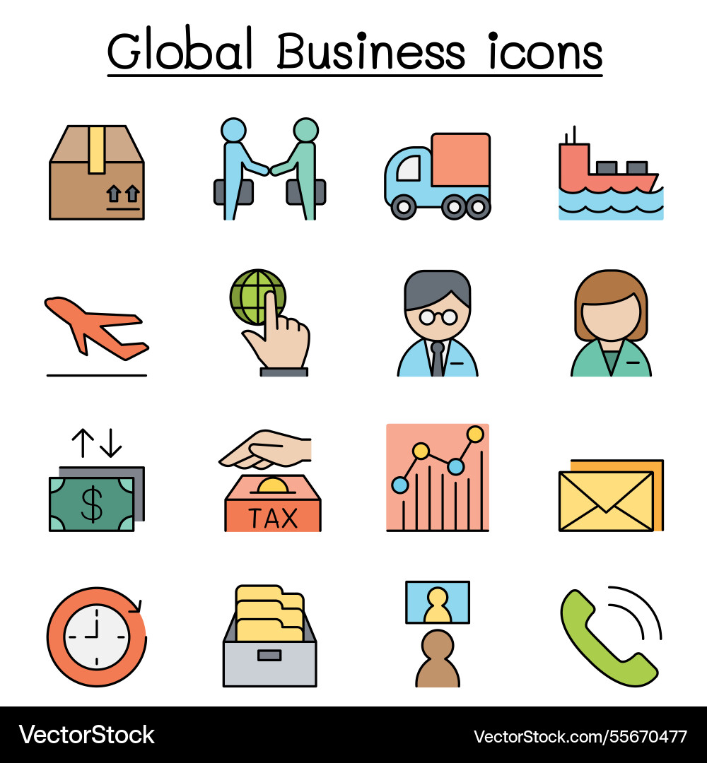 Global business icon set in color line style Global business icon set in color line style vector image