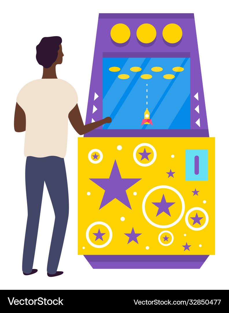 Man playing space war game machine player Man playing space war game machine player Vector Image