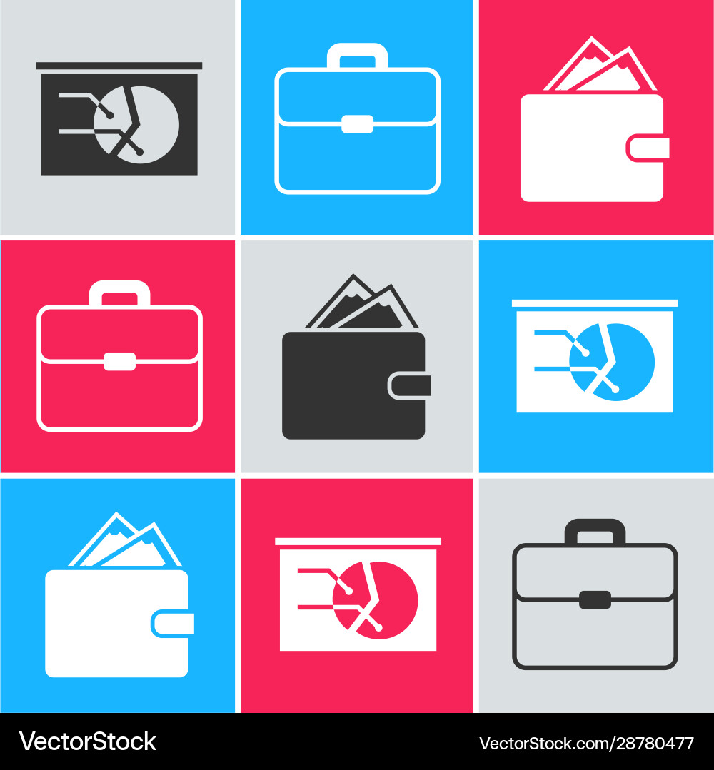 Set board with graph chart briefcase and wallet Set board with graph chart briefcase and wallet vector image