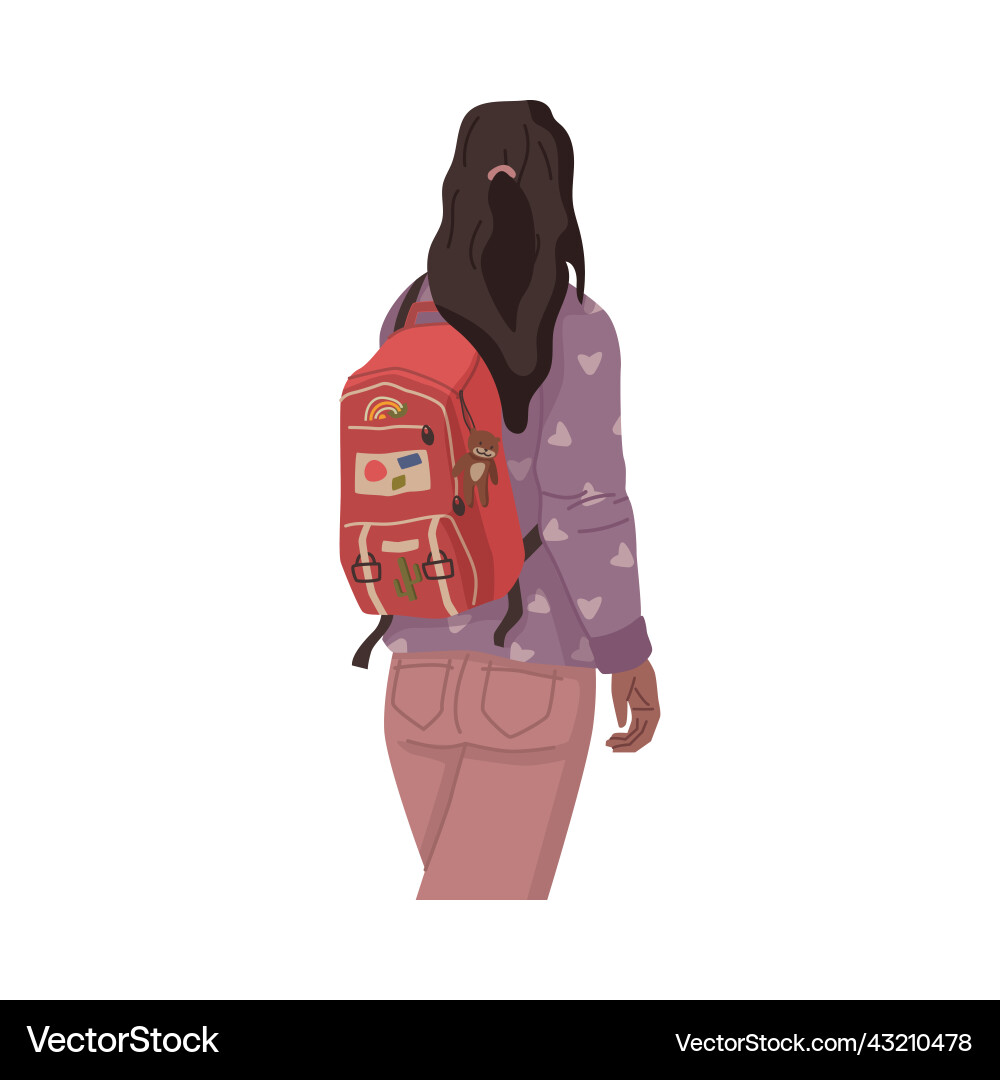 Brunette woman with backpack back view student Brunette woman with backpack back view student vector image