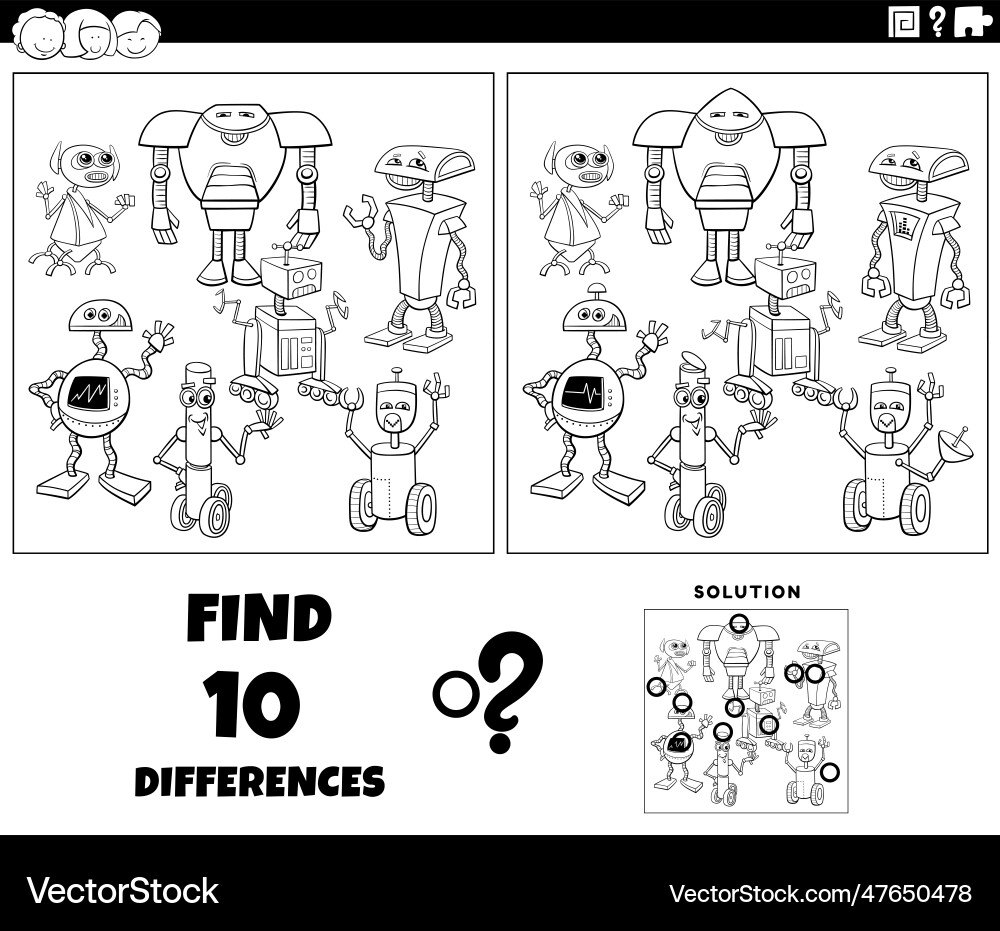 Differences game with cartoon robots coloring page Differences game with cartoon robots coloring page vector image