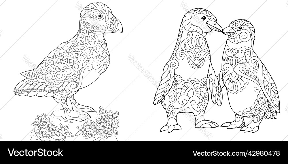Entangle puffin and emperor penguins Entangle puffin and emperor penguins vector image