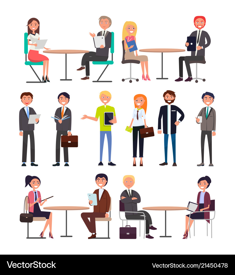 Office workers with briefcases daily routine set Office workers with briefcases daily routine set vector image