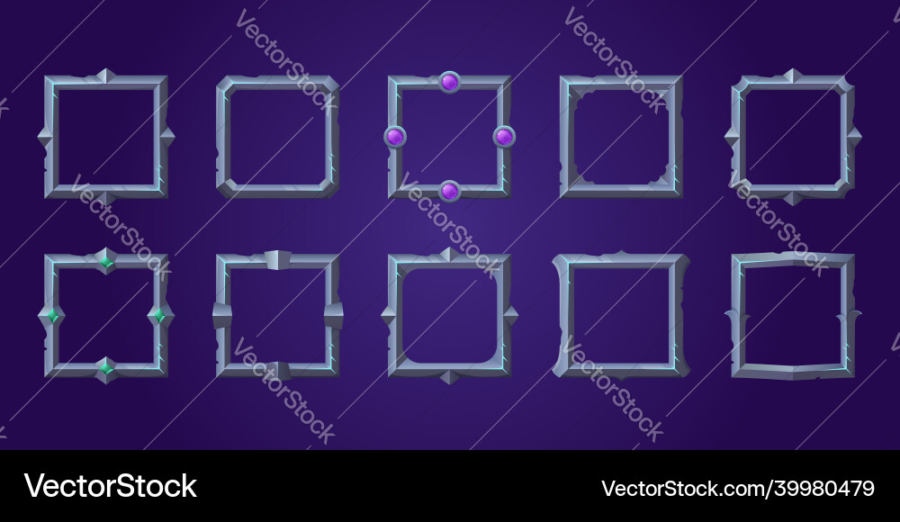 Set of square ui game frames metal borders Set of square ui game frames metal borders Vector Image
