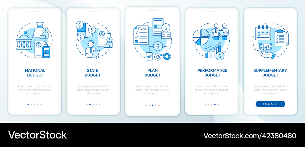 Budget types blue onboarding mobile app screen Budget types blue onboarding mobile app screen vector image