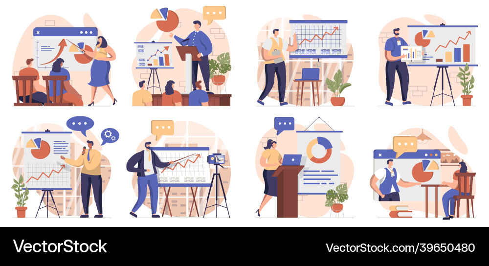 Coach speaking collection of scenes isolated vector image