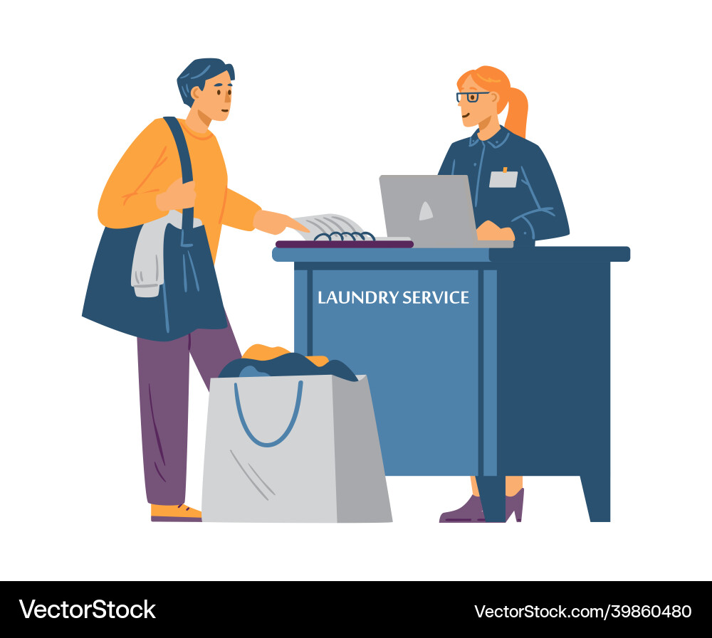 Male character handing clothes to dry cleaning Male character handing clothes to dry cleaning vector image