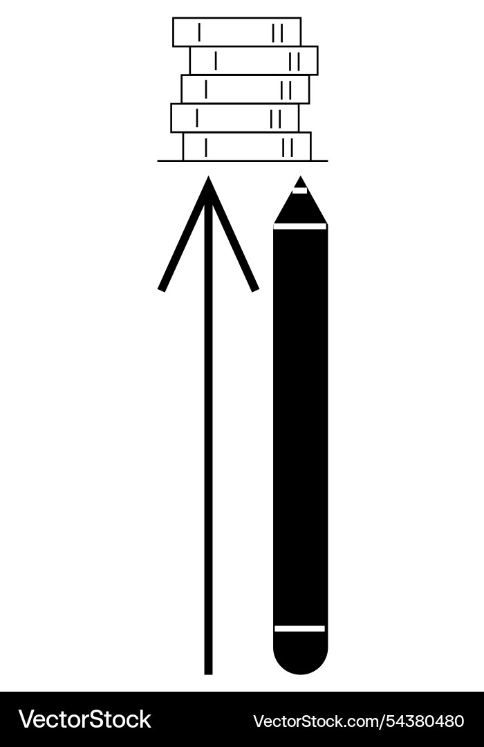 Pencil alongside arrow pointing up towards stack Pencil alongside arrow pointing up towards stack Vector Image