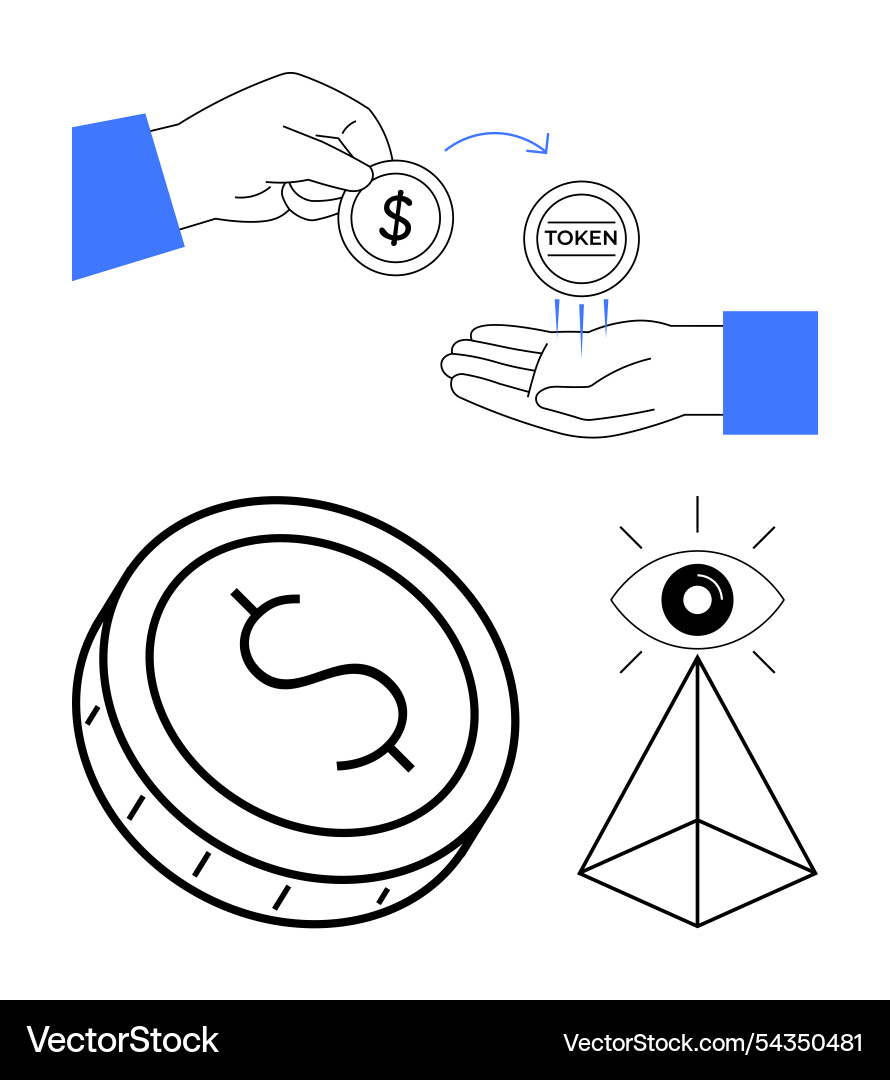 Exchange of token and dollar coin with symbolic Exchange of token and dollar coin with symbolic vector image