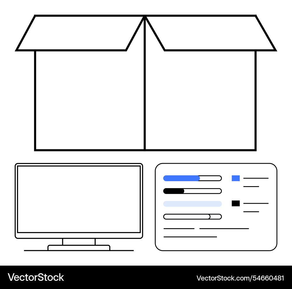 Open cardboard box with computer monitor Open cardboard box with computer monitor vector image